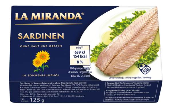 Sardinen, in Öl, ohne Haut, ohne Gräten, 125 G/DS Fischeinwaage: 88g