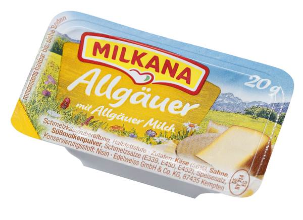 Milkana Allgäuer, Schmelzkäsezub., 20% Fett i.Tr., Deutschland, 20g, 100 ST/KT fettreduziert, ungekühlt haltbar, 1 Portion = 0,13 BE