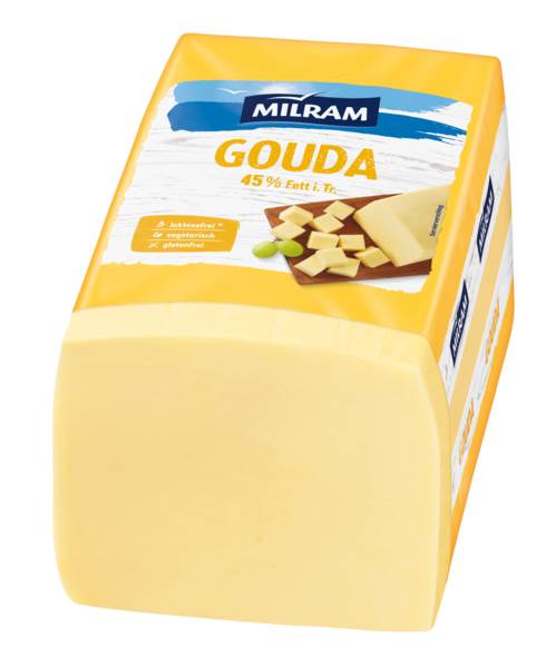 Milram Gouda, Schnittkäse, Kuhmilch, 45% Fett i.Tr., Deutschland, ca. 3 KG/ST foliengereift, ohne Rinde, mild-pikant