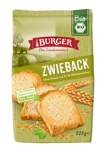 Burger Bio-Zwieback, mit Rohrzucker verfeinert, ohne Ei- und Milchprodukte, 225 G/PK