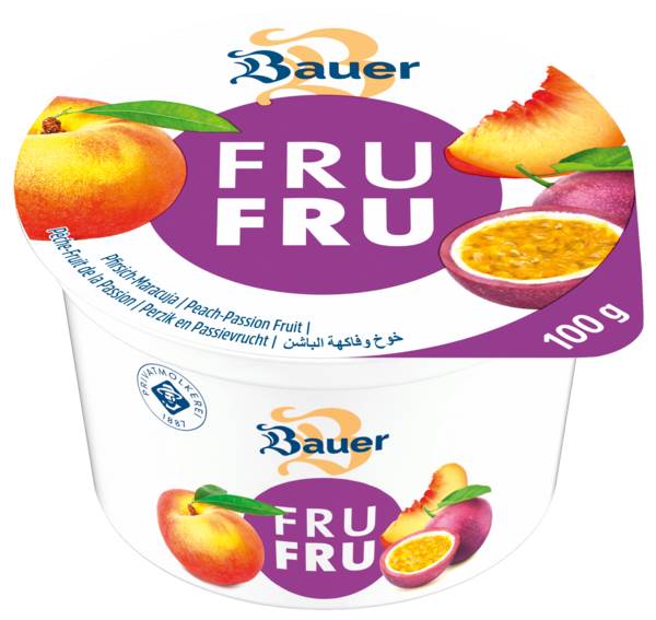 Bauer Fru-Fru Joghurt, 0,1% Fett, Fruchtjoghurt, ungekühlt haltbar, 4fach sortiert, 100 G/BE Erdbeere, Himbeere, Pfirsich-Maracuja, Saisonfrucht
