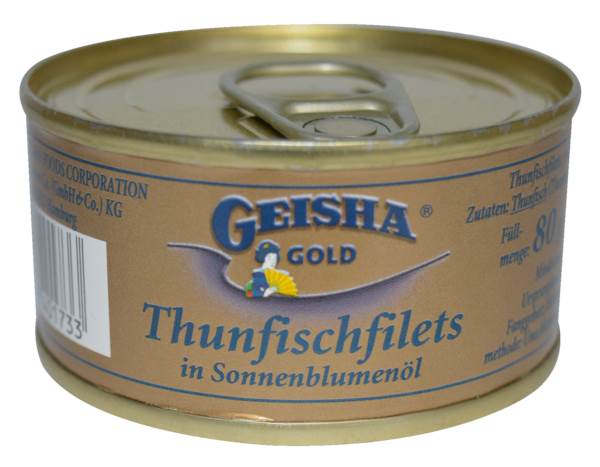 Geisha Thunfischfilet, in Sonnenblumenöl, Yellowfin, Thailand, 80 G/DS Abtropfgewicht: 56g