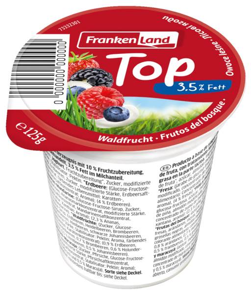 Frankenland Top Fruchtjoghurt, 3,5% Fett, ohne Kühlung haltbar, 4-fach sortiert, 125 G/BE Erdbeere, Ananas-Mandarine, Pfirsich-Maracuja, Waldbeere