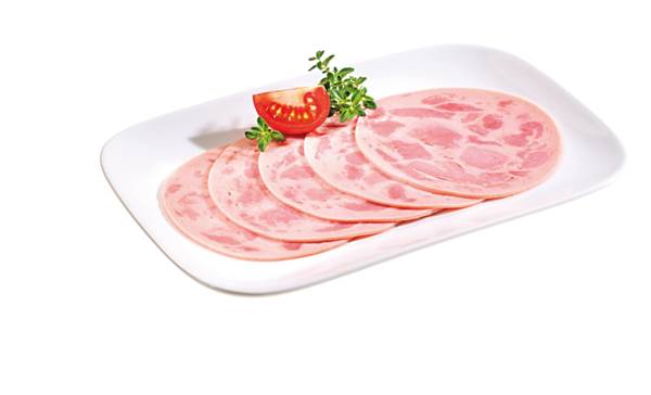 Holsteiner Putenräucherei Geflügel-Bierschinken, mit grober Einlage, gefächert, ca. 35 Scheiben/Pk, 0,5 KG/PK Kaliber 100
