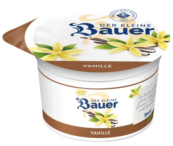 Bauer Fruchtjoghurt weiß, 3,5% Fett, 4fach sortiert, 100 G/BE Banane, Pfirsich-Maracuja, Birne, Vanille