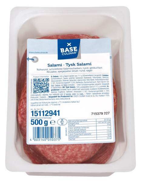 Base Culinar Salami, Rohwurst, geräuchert, gefächert, ca. 46 Scheiben/Pk, 0,5 KG/PK Kaliber 100, nach dtsch.Rezeptur,