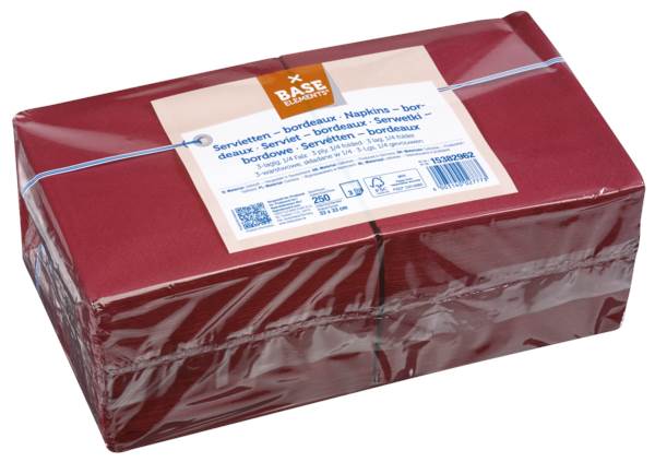 Base Elements Zelltuch-Servietten, bordeaux, 33x33cm, 3-lagig, 1/4 Falz, 250 Stück, (174830) 1 PK
