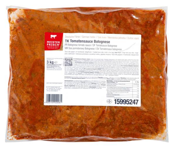 TK Meisterfrisch Hi Taste Tomatensauce Bolognese, im Kochbeutel, 3 KG/BT Rindfleisch mit Wurzelgemüse und Tomaten, FEW 28%, PV200 g,