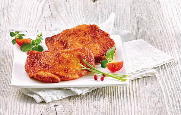 TK Sprehe Hähnchen Steaks aus der Oberkeule, gegart, ca 90g, 3 KG/KT Hähnchenoberkeulenfeleisch mit Haut, gewürzt, fertig gebraten