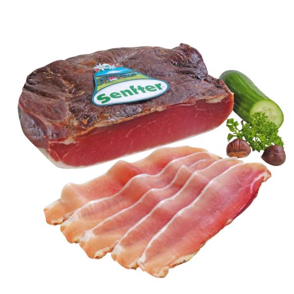 Casa Modena Senfter Südtiroler Speck g.g.A. Allto Adige IGP, geformt, 1/2 Riegel, 1,9 KG/ST Hinterschinken ohne Schwarte, geräuchert, luftgetrocknet, 5-6 Monate gereift