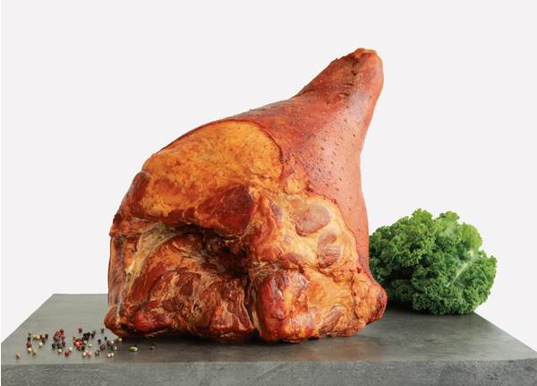 Skinke med ben, sprængt og røget, kogt, tilsat 10% lage, ca. 10 kg