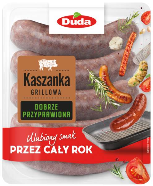 Duda Kaszanka grillowa, wędlina podrobowa, z kaszą jęczmienną, dł. 17-18 cm, ok. 0,8 KG , w naturalnej osłonce, MAP