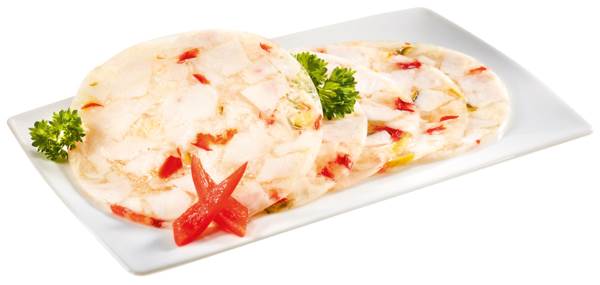 Base Culinar Hähnchenfleisch in Aspik, mit Gemüse in Rindergelatine, gefächert,ca.28 Schb/Pk, 0,5 KG/PK
