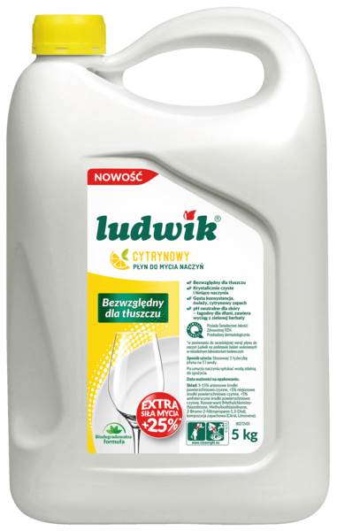 Ludwik Płyn do mycia naczyń cytrynowy, bezwzględny dla tłuszczu, 5 KG/ST , posiada atest PZH