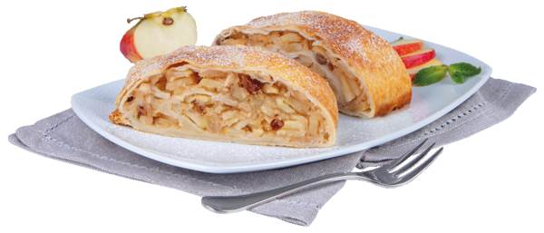 TK Pan Apfelstrudel geschnitten, gebacken , 160g 36 ST/KT Gebackene Apfelstrudelstücke, mit frischen Apfelschnitten, getrockn. Sultaninen