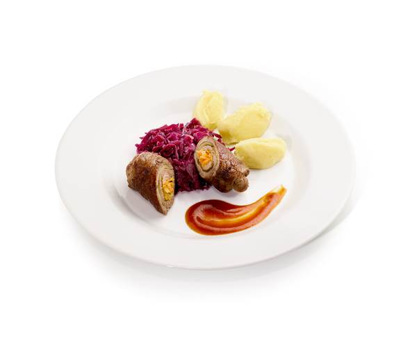 TK Star Culinar Hi Taste Rinderroulade in dunkler Sauce mit Rotkohl und Kartoffelpüree, 400 g, 6 SH/KT 140g Kartoffelpüree - 100g Rinderroulade - 100g Apfelrotkohl - 60g Sauce