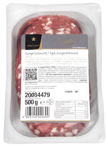 Star Culinar Zungenrotwurst, Typ Berliner Zungenwurst,gefächert, ca34 Scheiben, Kaliber 100, 0,5 KG/PK