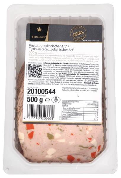 Star Culinar Pastete"Toskanische Art", Brühw.Pastete, gefächert, ca. 28 Scheben/Pk, 0,5 KG/PK mit Mozzarella-Spinat-Tomate u.AL-Pesto-Mantel, Tunnelform, nach dtsch.Rezeptur,