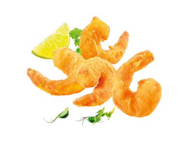 TK Garnelen "Tempura", im Backteig (40%), IQF, ca.18g, ca.50-60 Stk. pro kg, 2 KG/PK entdarmt, geschält, mit Schwanzsegment, vorgebacken