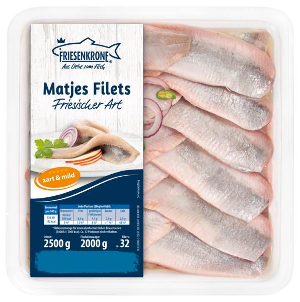Friesenkrone Matjes Filets Friesische Art, in Rapsöl, ca.32 Stück, ca.62,5g, 2500 G/SH mit Konservierungsstoffen, Fischeinwaage: 2kg