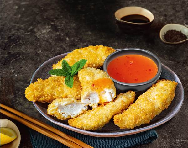 TK FairMast Hähncheninnenfilets in Panko-Panade, 3 KG/KT flüssig gewürzt, gegart, entspricht  ca. 60-85 Stück auf einem 3kg-Karton