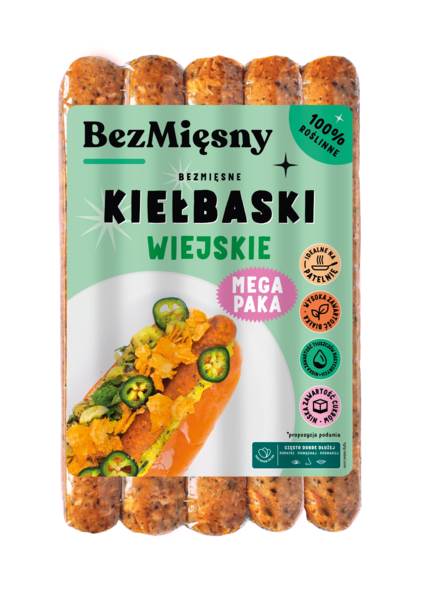 Bezmięsne kiełbaski wiejskie, a`la śląskie, na bazie białka pszennego, 180 GR/ST