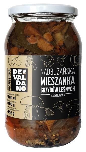 Devaldano Mieszanka nadbużańska grzybów leśnych, marynowana, 800 GR/SŁ (maślak, borowik, kurka)