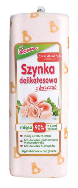 DROBIMEX Szynka delikatesowa z kurcząt, drobiowa, parzona, grubo rozdrobniona, ok. 3 KG/PR , w osłonce niejadalnej