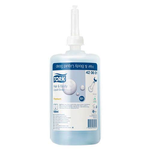 Tvål Tork Premium Hår & Kropp, S1 blå, till dispenser, 1 l
