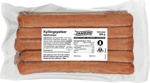 Kyllingepølser, halal, ca. 50 g/stk, ca. 500 g