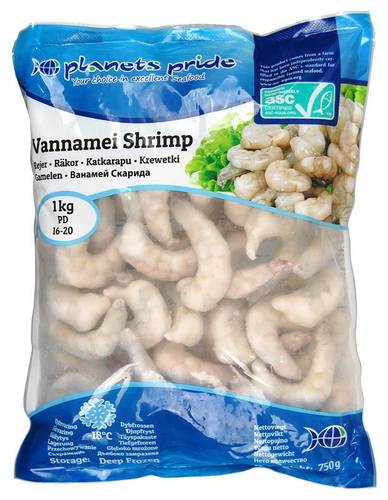 ASC Vannamei räkor, råa, skalade, 16/20, 750 g